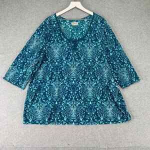 Avenue Tunic Top Blue Teal Print 3/4 Sleeve Scoop Neck Plus Size 26 28